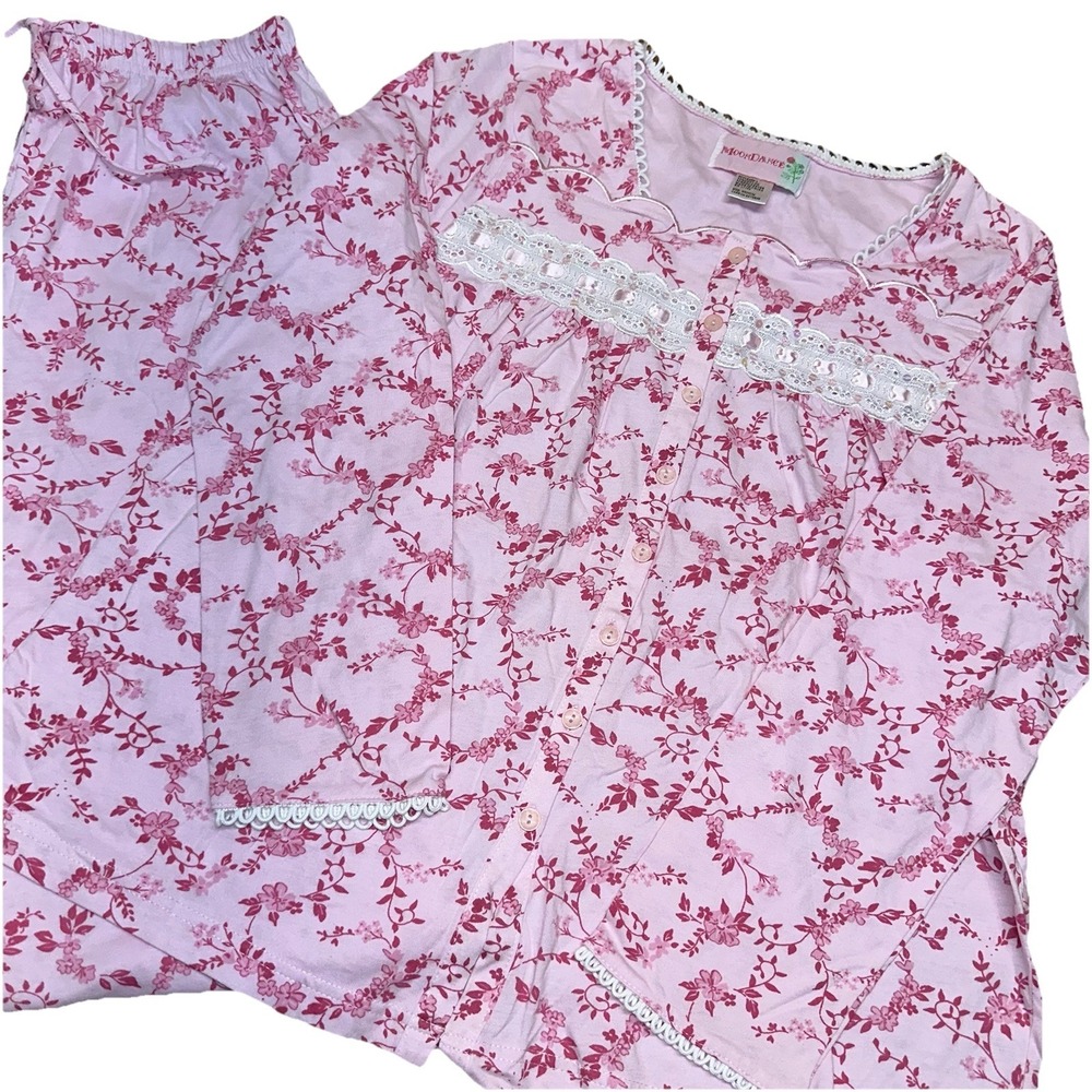 NWT Vintage Y2K Moon Dance Pink Floral Lace Pajamas 2-Pc Set Old Stock Women's M